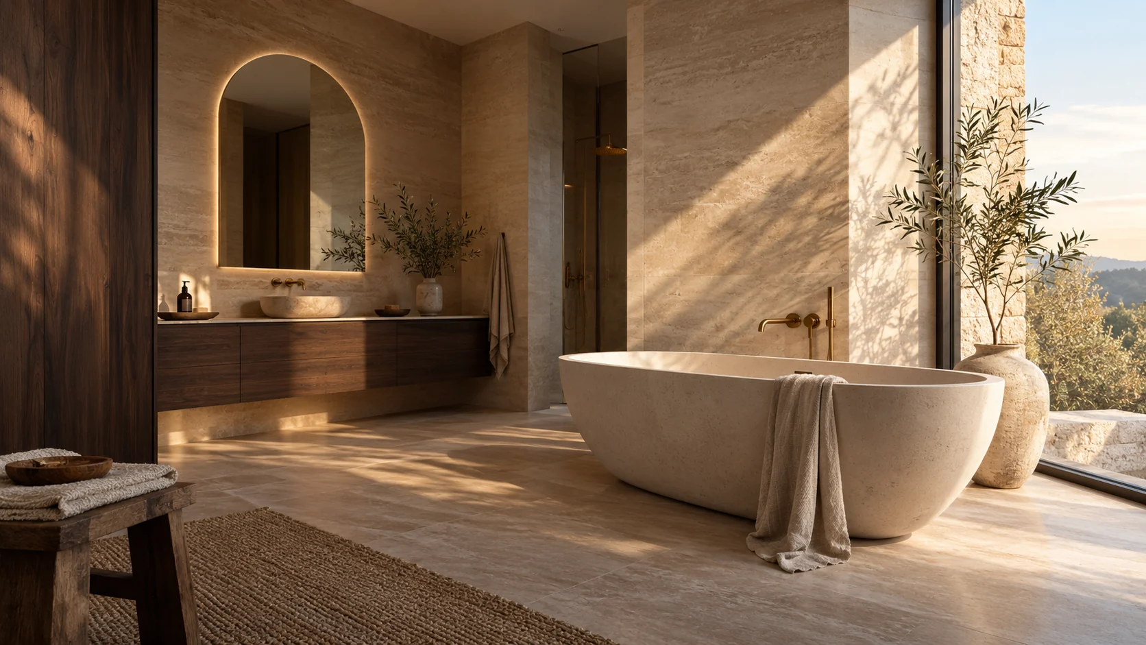 Illustrative bathroom design concept with travertine, oak and brushed brass