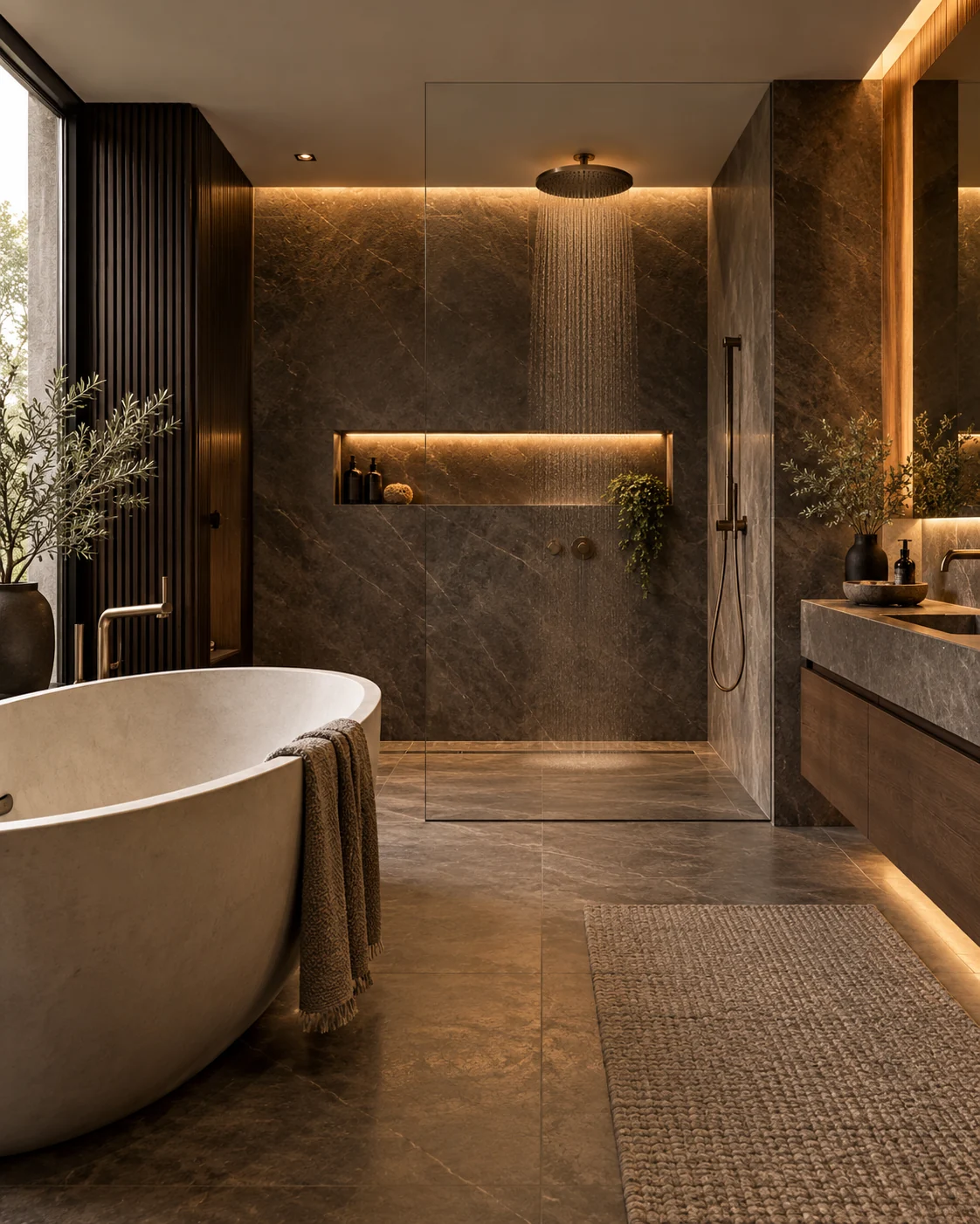 Illustrative bathroom concept with bronze brassware and warm stone