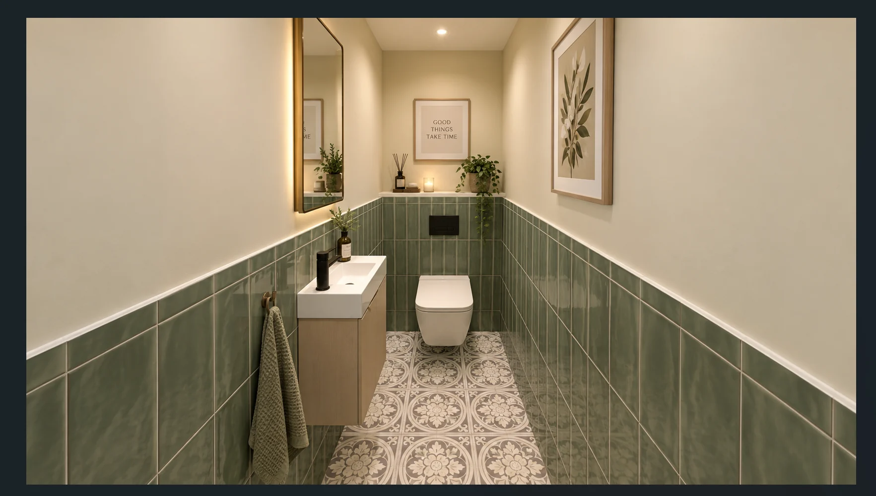 Sage green cloakroom with oak vanity and patterned flooring — design inspiration